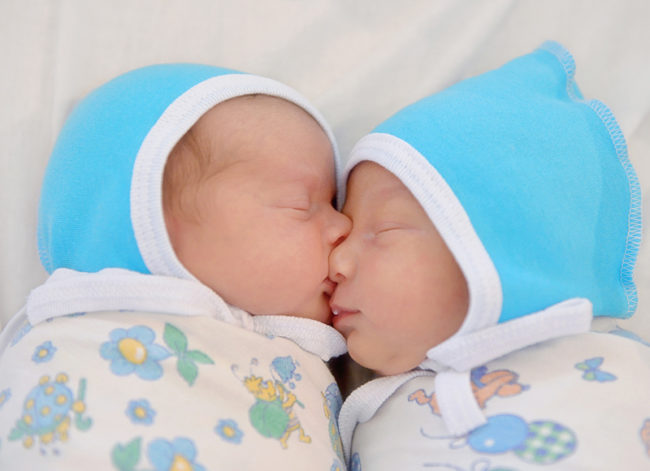 Двое новорождённых детей спять уткнувшись лицами друг в друга