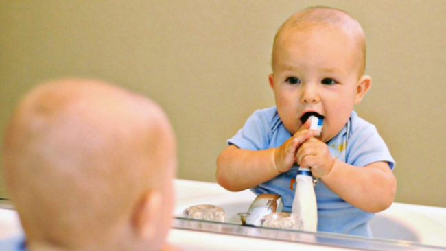 Новорождённый пытается сам почистить зубы у зеркала зубной щёткой
